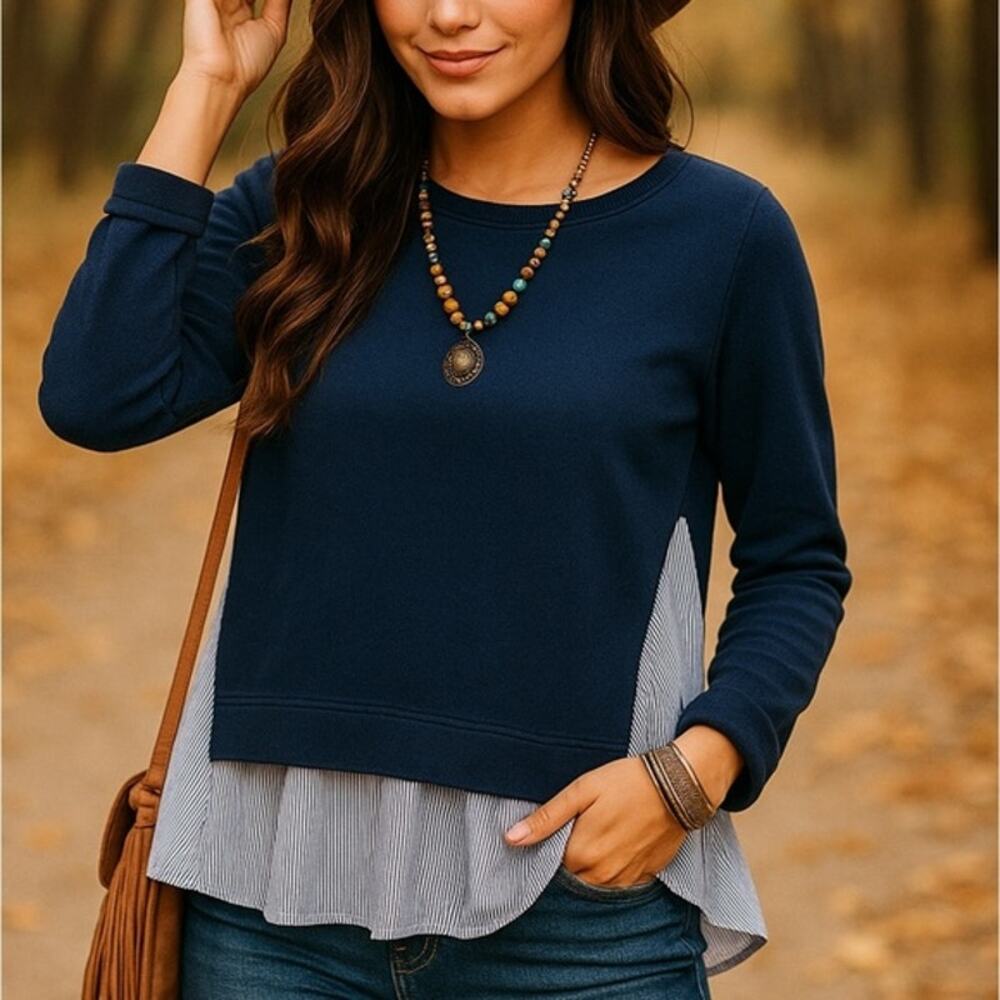 NEW Kensie Jeans Layer Look Ruffle Back Sweatshirt sz Medium Navy Pinstripe